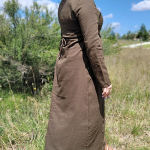 Honey-embroidered-maxi-dress-in-khaki-brown-featuring-embroidery-on-bust-and-front-pockets-back-view-showing-tie-string-waist