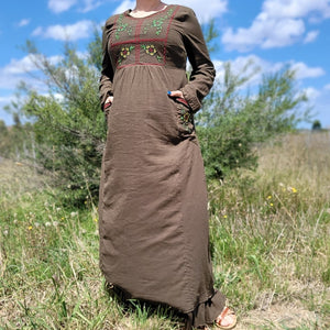 Honey-embroidered-maxi-dress-in-khaki-brown-featuring-embroidery-on-bust-and-front-pockets-front-full-length-view