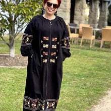 Load image into Gallery viewer, Salma-embroidered-zip-front-long-coat-abaya-with-side-pockets-in-black-front-view
