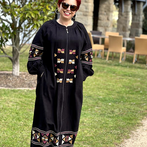 Salma-embroidered-zip-front-long-coat-abaya-with-side-pockets-in-black-front-view