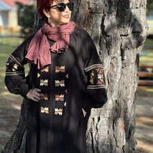 Load image into Gallery viewer, Salma-embroidered-zip-front-long-coat-abaya-with-side-pockets-in-black-close-up-front-view
