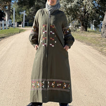 Load image into Gallery viewer, Salma-embroidered-zip-front-long-coat-abaya-with-side-pockets-in-khaki-front-view
