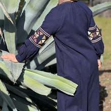 Load image into Gallery viewer, Salma-embroidered-zip-front-long-coat-abaya-with-side-pockets-in-navy-back-view
