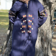 Load image into Gallery viewer, Salma-embroidered-zip-front-long-coat-abaya-with-side-pockets-in-navy-close-up-front-view
