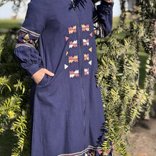 Load image into Gallery viewer, Salma-embroidered-zip-front-long-coat-abaya-with-side-pockets-in-navy-close-up-front
