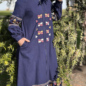 Salma-embroidered-zip-front-long-coat-abaya-with-side-pockets-in-navy-close-up-front