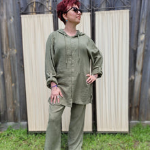 Load image into Gallery viewer, Ada-women&#39;s-muslin-hooded-button-front-shirt-in-khaki-worn-with-muslin-pants-khaki
