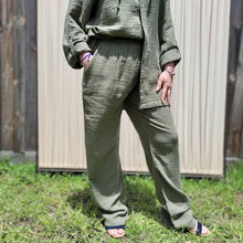 Load image into Gallery viewer, muslin-women&#39;s-tie-waist-pants-featuring-elasticated-string-tie-waist-and-side-pockets-in-khaki-worn-with-Ada-muslin-hooded-shirt-in-khaki
