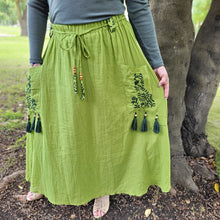 Load image into Gallery viewer, Ness-voile-midi-skirt-lime-with-fitted-long-sleeve-top-close-up
