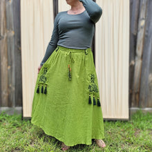 Load image into Gallery viewer, Ness-voile-midi-skirt-lime-with-fitted-long-sleeve-top-front-view
