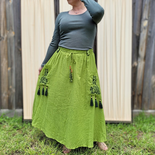 Ness-voile-midi-skirt-lime-with-fitted-long-sleeve-top-front-view