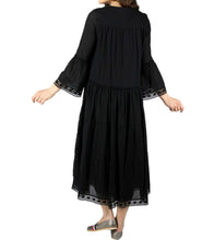 Load image into Gallery viewer, Sharon_tiered_midi_dress_in_black_with_Vneckline_fitted_buttoned_bust_tiered_skirt_with_lace_trim_at_hem_and_bell_sleeves_with_lace_trim_studio_image_back_view
