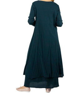 zahra-asymmetric-maxi-dress-with-layered-asymmetric-skirt-button-detail-on-front-in-teal-back-view-on-white-background