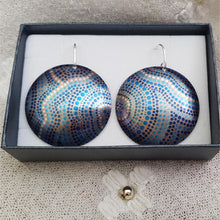 Load image into Gallery viewer, handmade-large-domed-earrings-featuring-a-source-of-life-indigenous-artwork-imprinted-on-aluminium-sheeting-with-sterling-silver-hooks-in-gift-box
