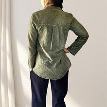 Load image into Gallery viewer, amber-buttoned-Vneck-blouse-with-button-tab-long-sleeves-in-khaki-back-view-with-adem-and-eve-casual-pants
