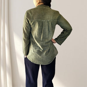 amber-buttoned-Vneck-blouse-with-button-tab-long-sleeves-in-khaki-back-view-with-adem-and-eve-casual-pants