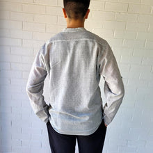 Load image into Gallery viewer, long-sleeve-men&#39;s-shirt-with-buttoned-band-collar-and-button-tab-sleeves-in-light-grey-back-view
