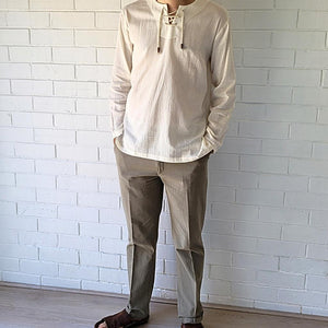 men's-cotton-chino-pants-with-elasticated-waist-at-back-side-pockets-and-buttoned-back-pockets-in-khaki-front-view