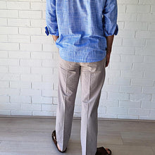 Load image into Gallery viewer, men&#39;s-cotton-chino-pants-with-elasticated-waist-at-back-side-pockets-and-buttoned-back-pockets-in-light-grey-back-view
