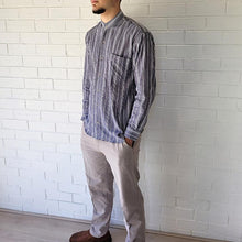 Load image into Gallery viewer, men&#39;s-cotton-chino-pants-with-elasticated-waist-at-back-side-pockets-and-buttoned-back-pockets-in-light-grey-side-view
