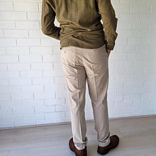 Load image into Gallery viewer, men&#39;s-cotton-chino-pants-with-elasticated-waist-at-back-side-pockets-and-buttoned-back-pockets-in-sand-back-view
