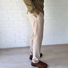 Load image into Gallery viewer, men&#39;s-cotton-chino-pants-with-elasticated-waist-at-back-side-pockets-and-buttoned-back-pockets-in-sand-side-view
