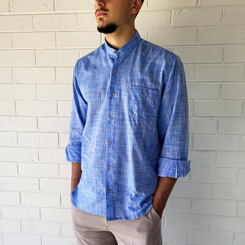 long-sleeve-shirt-with-band-collar-button-up-front-and-single-chest-pocket-in-speckled-blue-closeup-front-view