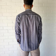 Load image into Gallery viewer, long-sleeve-shirt-with-band-collar-button-up-front-and-single-chest-pocket-in-striped-grey-back-view
