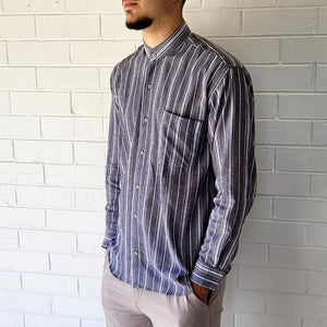 long-sleeve-shirt-with-band-collar-button-up-front-and-single-chest-pocket-in-striped-grey-closeup-view