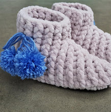 Load image into Gallery viewer, kids-crochet-slipper-boots-in-soft-velvet-yarn-grey-with-blue-pompom-side-view-close-up
