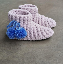 Load image into Gallery viewer, kids-crochet-slipper-boots-in-soft-velvet-yarn-grey-with-blue-pompom-side-view
