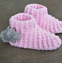 Load image into Gallery viewer, kids-crochet-slipper-boots-in-soft-velvet-yarn-pink-with-grey-pompom-side-view-close-up
