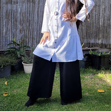 Load image into Gallery viewer, Luna high-waisted, wide leg, brushed cotton, women&#39;s pants in black with button-through, white tunic
