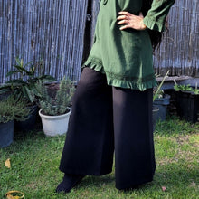 Load image into Gallery viewer, Luna high-waisted, wide leg, brushed cotton, women&#39;s pants in black with green tunic
