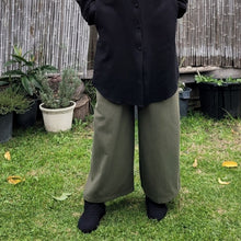 Load image into Gallery viewer, Luna high-waisted, wide leg, brushed cotton, women&#39;s pants in khaki, worn with black tunic
