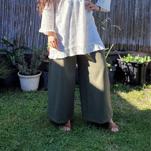 Load image into Gallery viewer, Luna high-waisted, wide leg, brushed cotton, women&#39;s pants in khaki, worn with cream tunic
