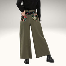 Load image into Gallery viewer, Luna belted, high-waist, wide leg, brushed cotton, women&#39;s pants in khaki, showing back pockets floral detail, worn with black top
