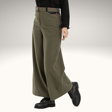 Load image into Gallery viewer, Luna belted, high-waist, wide leg, brushed cotton, women&#39;s pants in khaki, worn with black top
