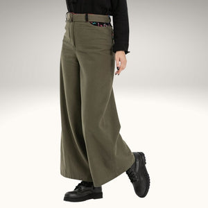 Luna belted, high-waist, wide leg, brushed cotton, women's pants in khaki, worn with black top