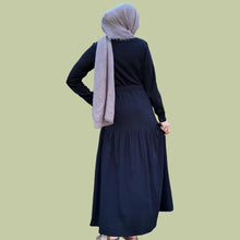 Load image into Gallery viewer, long-sleeve-button-through-cotton-maxi-dress-in-black-with-fabric-belt-shirt-collar-buttoned-cuffs-and-gathered-tier-in-skirt-from-the-hips-back-view
