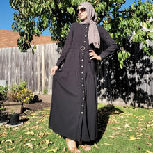 Load image into Gallery viewer, long-sleeve-button-through-cotton-maxi-dress-in-black-with-fabric-belt-shirt-collar-buttoned-cuffs-and-gathered-tier-in-skirt-from-the-hips
