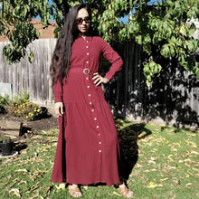 Load image into Gallery viewer, long-sleeve-button-through-cotton-maxi-dress-in-burgundy-with-fabric-belt-shirt-collar-buttoned-cuffs-and-gathered-tier-in-skirt-from-the-hips
