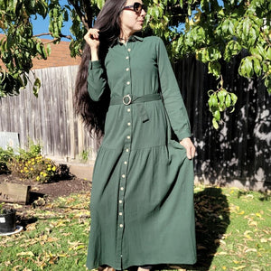 long-sleeve-button-through-cotton-maxi-dress-in-green-with-fabric-belt-shirt-collar-buttoned-cuffs-and-gathered-tier-in-skirt-from-the-hips