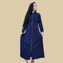 Load image into Gallery viewer, long-sleeve-button-through-cotton-maxi-dress-in-navy-with-fabric-belt-shirt-collar-buttoned-cuffs-and-gathered-tier-in-skirt-from-the-hips
