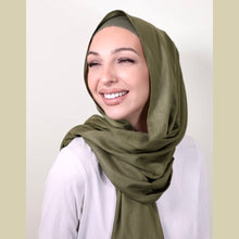 Load image into Gallery viewer, providence-collection-shawl-scarf-hijab-olive-leaf-on-model
