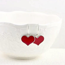 Load image into Gallery viewer, red-love-heart-charm-drop-earrings-with-sterling-silver-hooks
