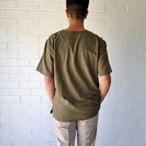 reed-short-sleeve-slit-neck-cotton-shirt-in-khaki-close-up-back-view