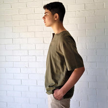 Load image into Gallery viewer, reed-short-sleeve-slit-neck-cotton-shirt-in-khaki-closeup-side-view
