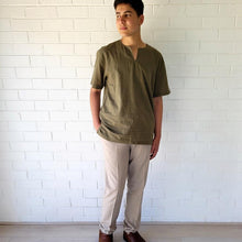 Load image into Gallery viewer, reed-short-sleeve-slit-neck-cotton-shirt-in-khaki-front-view
