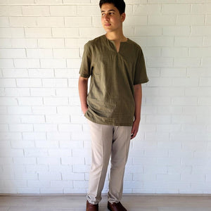 reed-short-sleeve-slit-neck-cotton-shirt-in-khaki-front-view